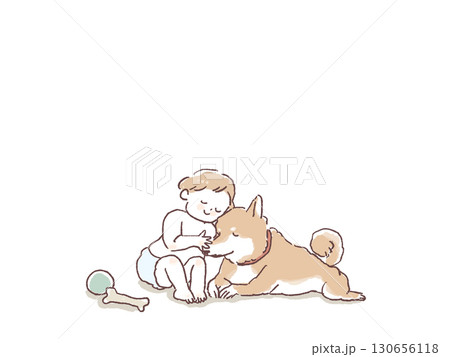 芝犬に寄り添う赤ちゃん、おもちゃ、 芝犬に寄り添う赤ちゃん、おもちゃ、 130656118