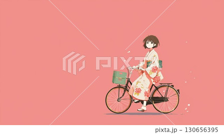 自転車に乗る着物の女の子 130656395