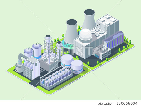 Cartoon Color Nuclear Power Plant and Petrochemical Plant Industrial Energy Building Concept 3d Isometric View. Vector illustration Cartoon Color Nuclear Power Plant and Petrochemical Plant Industrial Energy Building Concept 3d Isometric View. Vector illustration 130656604