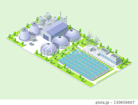 Cartoon Color Bioenergy Plant and Solar Panel Field Industrial Energy Building Concept 3d Isometric View. Vector illustration 130656607