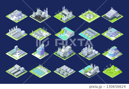 Cartoon Color Different Types Industrial Energy Building on a Platform Set Concept 3d Isometric View. Vector illustration Cartoon Color Different Types Industrial Energy Building on a Platform Set Concept 3d Isometric View. Vector illustration 130656624
