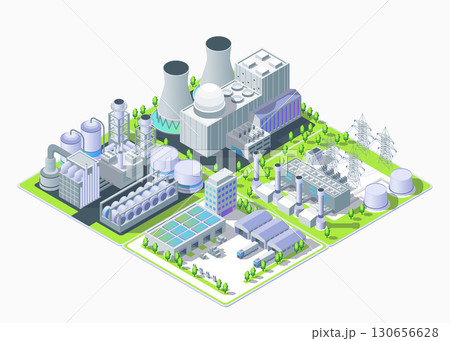 Cartoon Color Geothermal, Petrochemical, Nuclear Power Plant, Logistic Center and Warehouse Industrial Energy Building Concept 3d Isometric View. Vector illustration Cartoon Color Geothermal, Petrochemical, Nuclear Power Plant, Logistic Center and Warehouse Industrial Energy Building Concept 3d Isometric View. Vector illustration 130656628