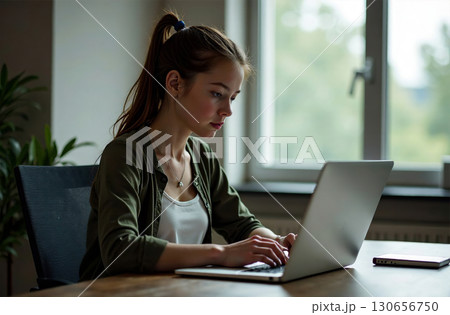 Woman Worker Work on Laptop Desk Office, remote work on notebook. AI Generative 130656750