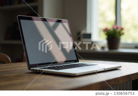 Laptop Desk Office, remote work on notebook, open space center. AI Generative 130656753