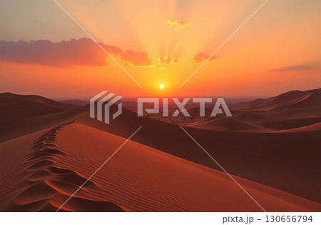 Sand dunes in sunlight, deserted desert red hills, sun and sky. AI Generative Sand dunes in sunlight, deserted desert red hills, sun and sky. AI Generative 130656794