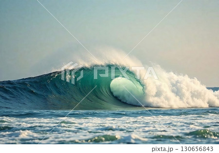 Blue ocean wave, white sea foam, seascape, deserted sandy beach. AI Generative Blue ocean wave, white sea foam, seascape, deserted sandy beach. AI Generative 130656843