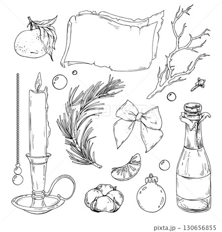 Hand drawn line art illustration of scroll, fir branches, champagne bottle and fir tree balls, elegant monochrome Christmas clip art for seasonal holiday design and winter decor. 130656855