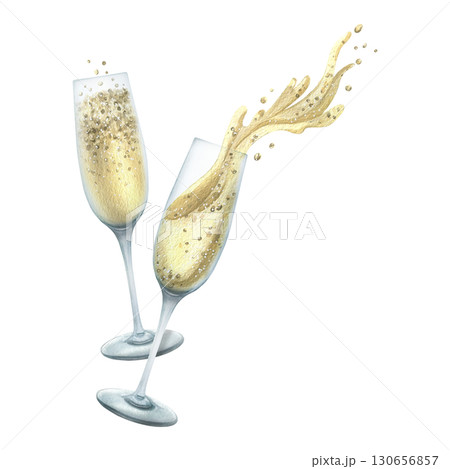 Hand-painted watercolor illustration composition champagne glasses and festive golden sparkles, elegant celebratory element perfect for Christmas invitations, holiday cards and seasonal party design. Hand-painted watercolor illustration composition champagne glasses and festive golden sparkles, elegant celebratory element perfect for Christmas invitations, holiday cards and seasonal party design. 130656857