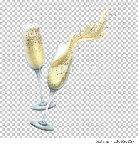 Hand-painted watercolor illustration composition champagne glasses and festive golden sparkles, elegant celebratory element perfect for Christmas invitations, holiday cards and seasonal party design. Hand-painted watercolor illustration composition champagne glasses and festive golden sparkles, elegant celebratory element perfect for Christmas invitations, holiday cards and seasonal party design. 130656857