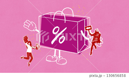 Bright collage. Purple shopping bag with percent sign and women shopping joyfully Bright collage. Purple shopping bag with percent sign and women shopping joyfully 130656858