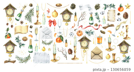 Hand-painted watercolor illustration big Christmas clip art collection with clock, champagne, candle, gifts, pine branches, ribbons, ornaments, scrolls and festive elements for winter holiday design. 130656859