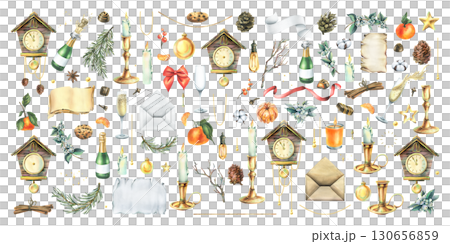 Hand-painted watercolor illustration big Christmas clip art collection with clock, champagne, candle, gifts, pine branches, ribbons, ornaments, scrolls and festive elements for winter holiday design. 130656859