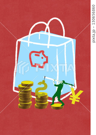 Creative digital artwork. Blue shopping bag with piggy bank and man lifting currency symbols with coins Creative digital artwork. Blue shopping bag with piggy bank and man lifting currency symbols with coins 130656860