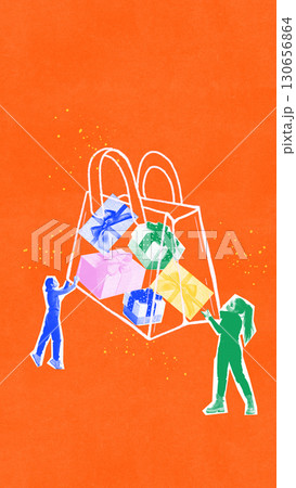 Contemporary collage. Children holding oversized gift bag filled with colorful presents on orange background 130656864