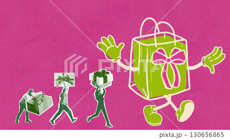 Colorful collage. Walking gift bag with bow and waving hands surrounded by people carrying presents 130656865