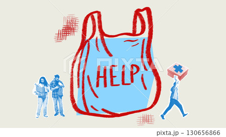 Surreal collage art. Giant plastic bag with help message surrounded by people and aid symbols 130656866