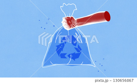 Graphic composition. Strong hand holding recycling bag with eco symbol on blue background 130656867