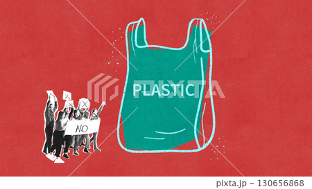 Contemporary collage. Protest crowd against plastic bag with bold environmental message on red background 130656868