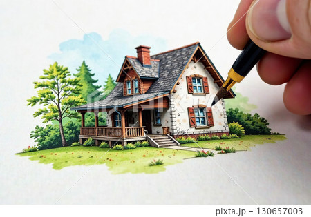 Hand hold brush and draw house, art tool for hobby of drawing. AI Generative 130657003