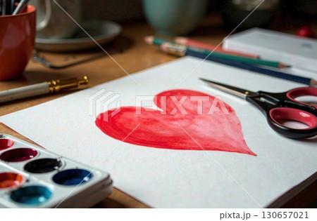 Watercolor paint on artist desktop, art tool for hobby of drawing. AI Generative 130657021