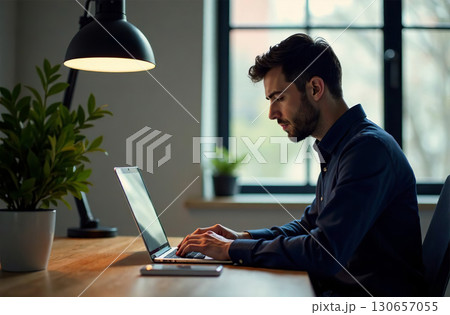 Man Worker Work on Laptop Desk Office, remote work on notebook. AI Generative 130657055
