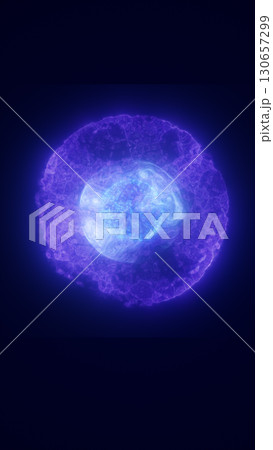 A glowing spherical structure of blue and purple energy radiating particles in space A glowing spherical structure of blue and purple energy radiating particles in space 130657299