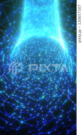 Futuristic digital structure made of glowing blue interconnected nodes and lines, forming a complex network Futuristic digital structure made of glowing blue interconnected nodes and lines, forming a complex network 130657307
