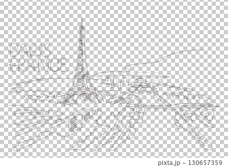 One-stroke drawing of Paris, France, with a view of the Eiffel Tower and the Seine River 130657359