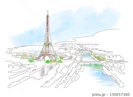一筆書き フランス パリ エッフェル塔とセーヌ川を望む風景 Paris, France 一筆書き フランス パリ エッフェル塔とセーヌ川を望む風景 Paris, France 130657360