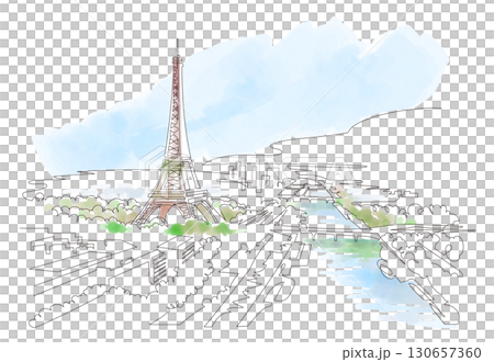 一筆書き フランス パリ エッフェル塔とセーヌ川を望む風景 Paris, France 一筆書き フランス パリ エッフェル塔とセーヌ川を望む風景 Paris, France 130657360