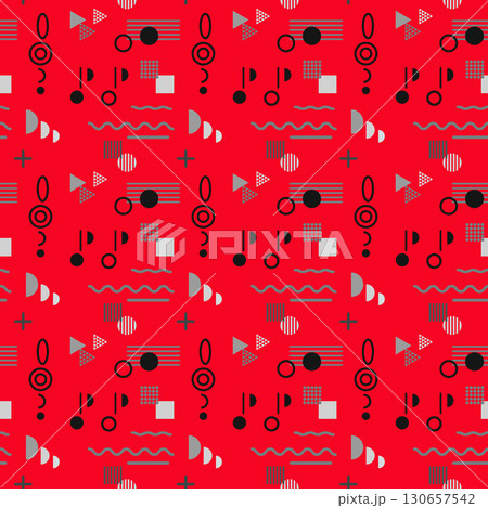 音楽モチーフの幾何学シームレスパターン背景（レッドベース） 130657542