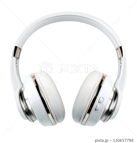 White wireless headphones with sleek design and modern features for audio enthusiasts. Isolated on transparent background. PNG, cutout. 130657798