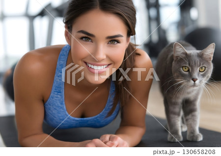 Smiling woman practicing sport with her gray cat in a gym 130658208