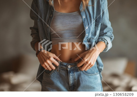Young woman showing her fit body wearing denim shirt and jeans Young woman showing her fit body wearing denim shirt and jeans 130658209