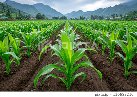 Young corn plants growing in rows on fertile farmland with mountain landscape Young corn plants growing in rows on fertile farmland with mountain landscape 130658210