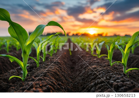 Young corn seedlings growing in fertile soil at sunset in cultivated agricultural field 130658213
