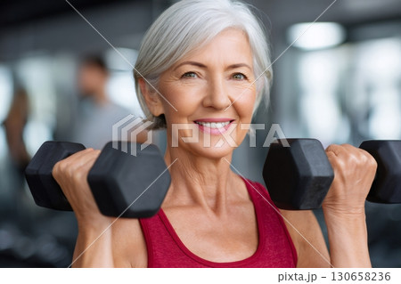 Senior woman lifting weights and smiling at the gym 130658236