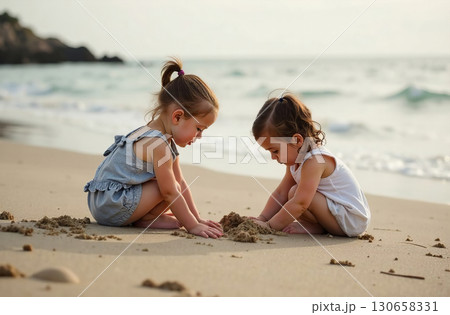 Little girls playing in sand on beach by sea, childhood toddler. AI Generative 130658331