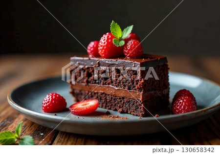Piece classic chocolate cake, dessert photo restaurant bakery. AI Generative 130658342