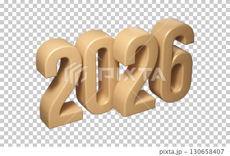 Golden Happy New Year 2026. 3d Christmas number design for poster, greeting banner, transparent background celebration 130658407