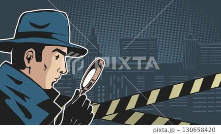 Noir detective man with magnifying glass banner Noir detective man with magnifying glass banner 130658420