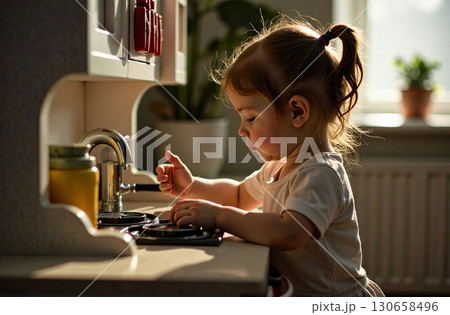 Girl cooking food in toy kitchen, children game cook in playroom. AI Generative Girl cooking food in toy kitchen, children game cook in playroom. AI Generative 130658496