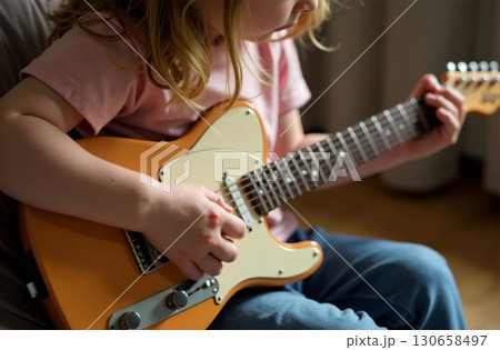 Child playing toy guitar, young musician play music in playroom. AI Generative Child playing toy guitar, young musician play music in playroom. AI Generative 130658497