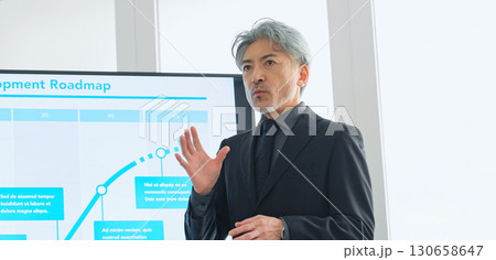 大画面モニターの前で説明するミドルエイジ男性ビジネスパーソン 130658647