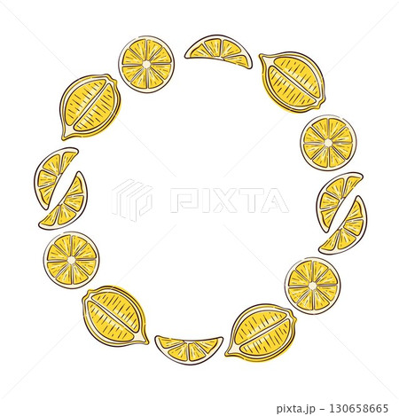 Circular frame of flat style lemon slice on white background for food package. Circular frame of flat style lemon slice on white background for food package. 130658665
