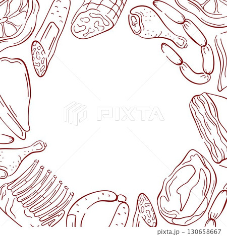 Red line art style border frame of various meat cut, sausage and deli product on white background for butcher shop design. Red line art style border frame of various meat cut, sausage and deli product on white background for butcher shop design. 130658667