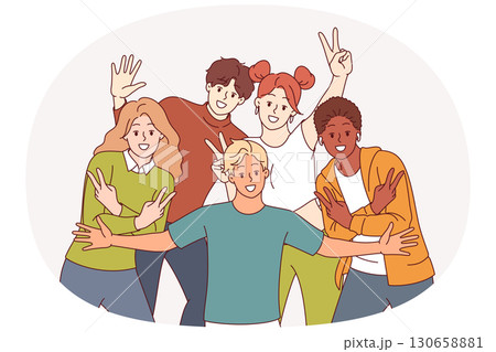 Group of multiracial students pose for group photo showing positive emotions and V gestures Group of multiracial students pose for group photo showing positive emotions and V gestures 130658881
