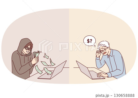 Hacker steals money from elderly man using laptop with internet, using psychological manipulation 130658888