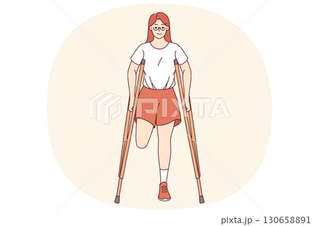 Leg amputation caused by chronic health problems in woman with disabilities using crutches 130658891