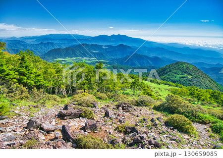 栃木県日光市　霧降高原の登山道から見る丸山と遠方に大笹牧場を望む 130659085